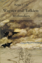 Book cover of Wagner and Tolkien: Mythmakers, which depicts a couple birds flying to the left in a beige abstract cloudy sky