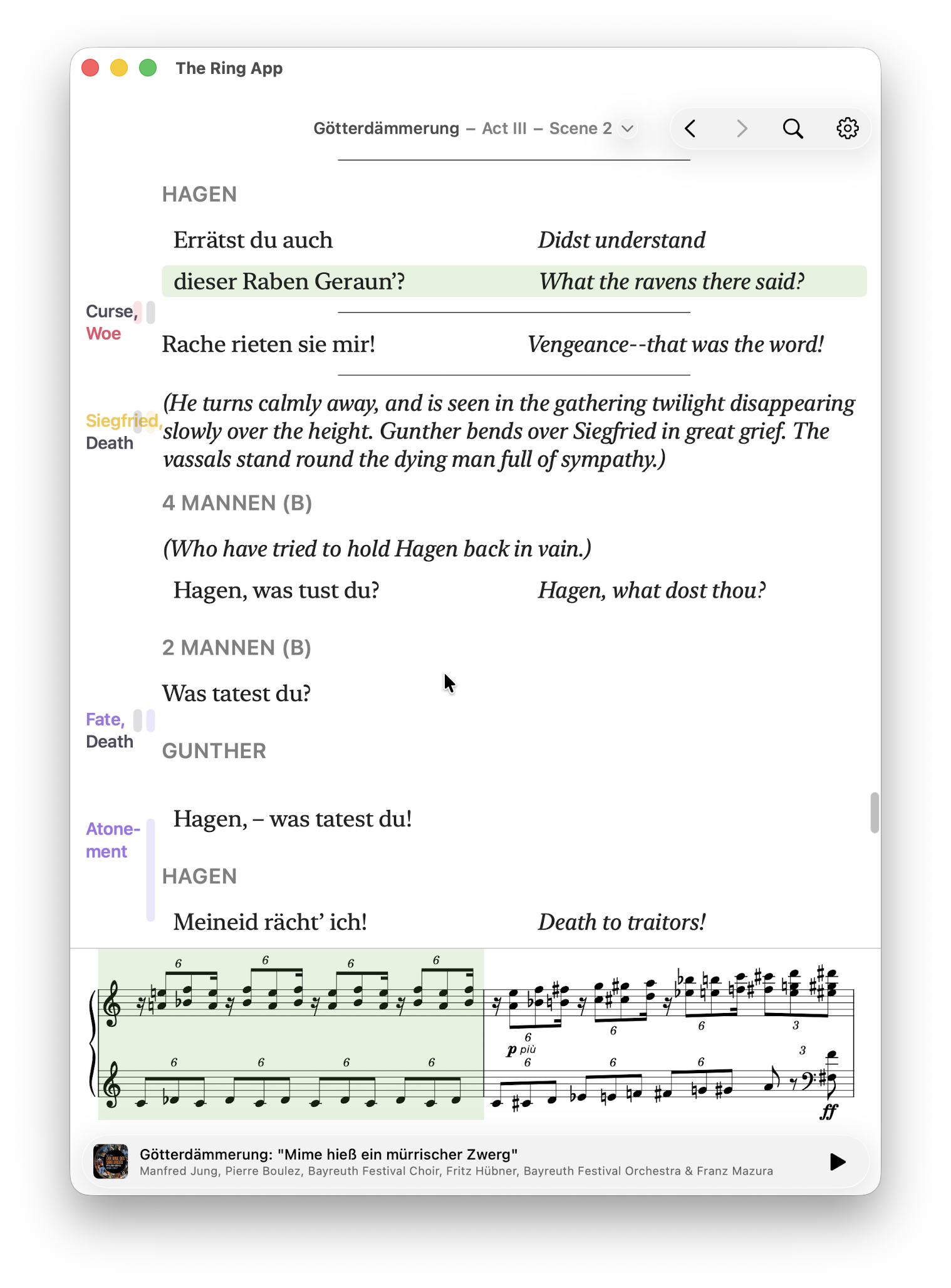 Screenshot of The Ring App running on macOS, showing the same region of the libretto as the Julius Burghold screenshot.